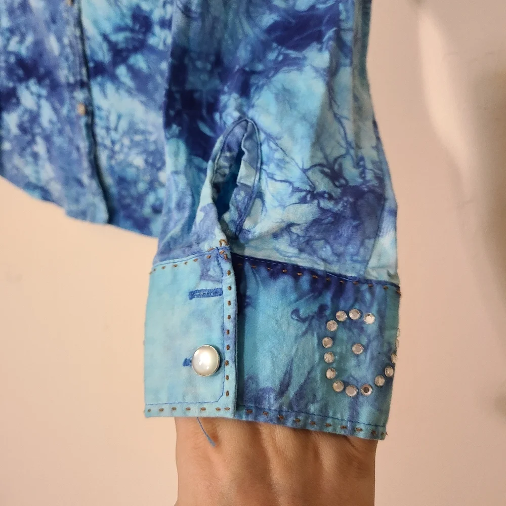 Y2K TyeDye Rhinestone Jacket Blue Silver Rhinestones Shirt With Pockets XL - Picture 4 of 11
